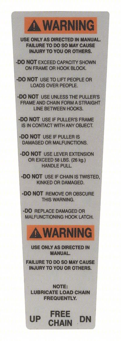 WARNING LABEL: LEVER CHAIN HOISTS, 1,500