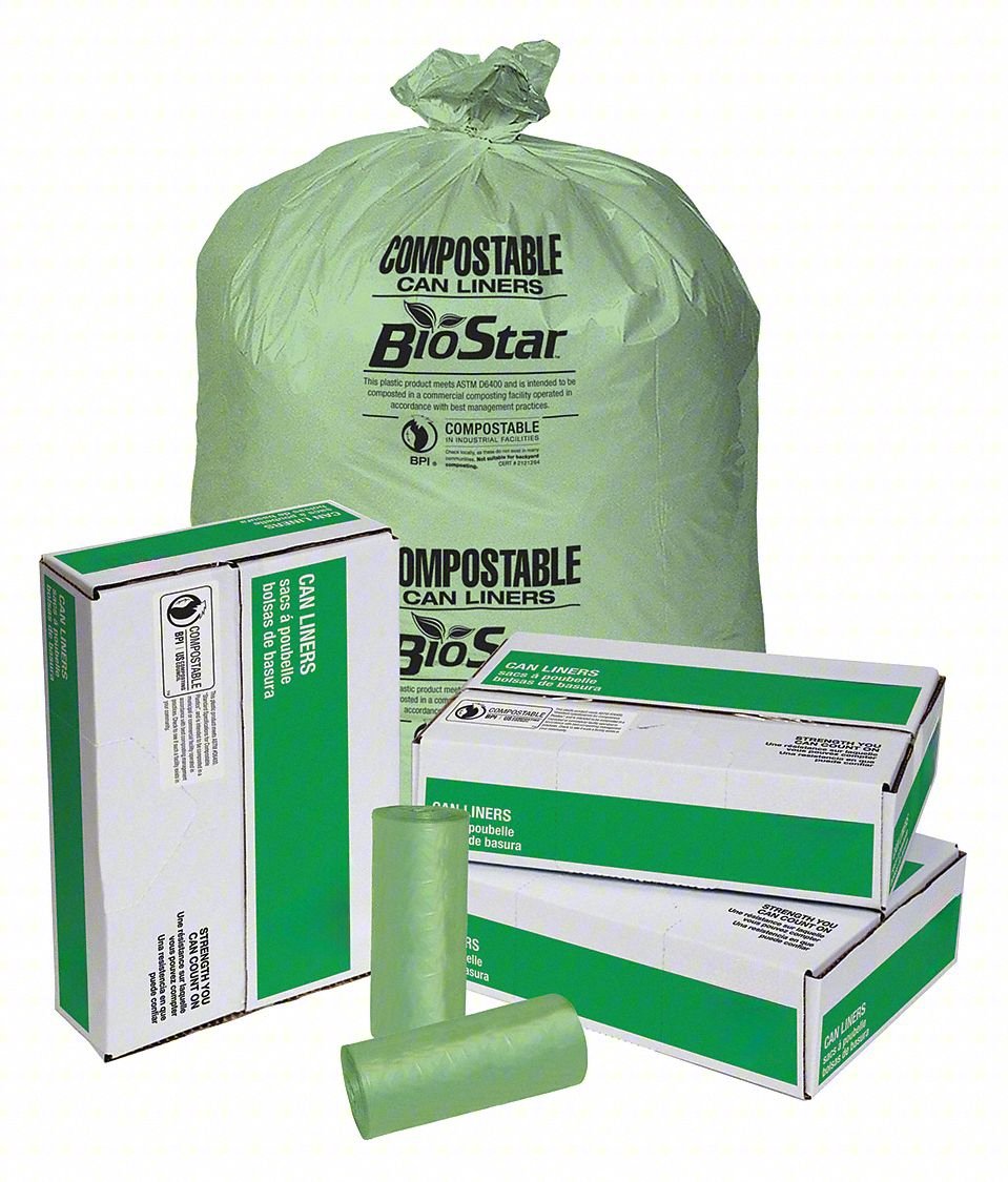 Compstble Trash Bags,60 gal.,Green,PK100