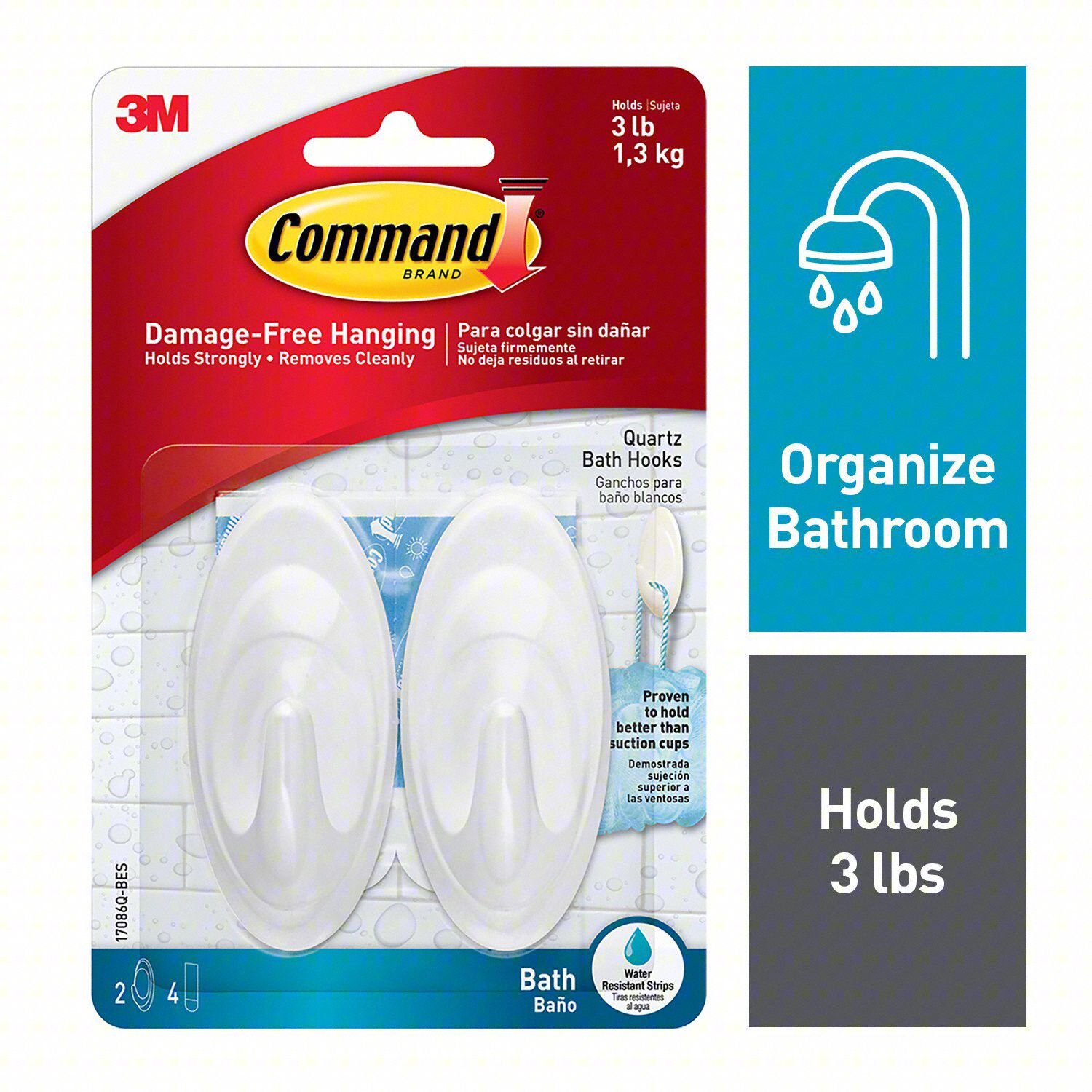 BATH HOOK,QUARTZ,PLASTIC,1 1/4 IN D,PK2