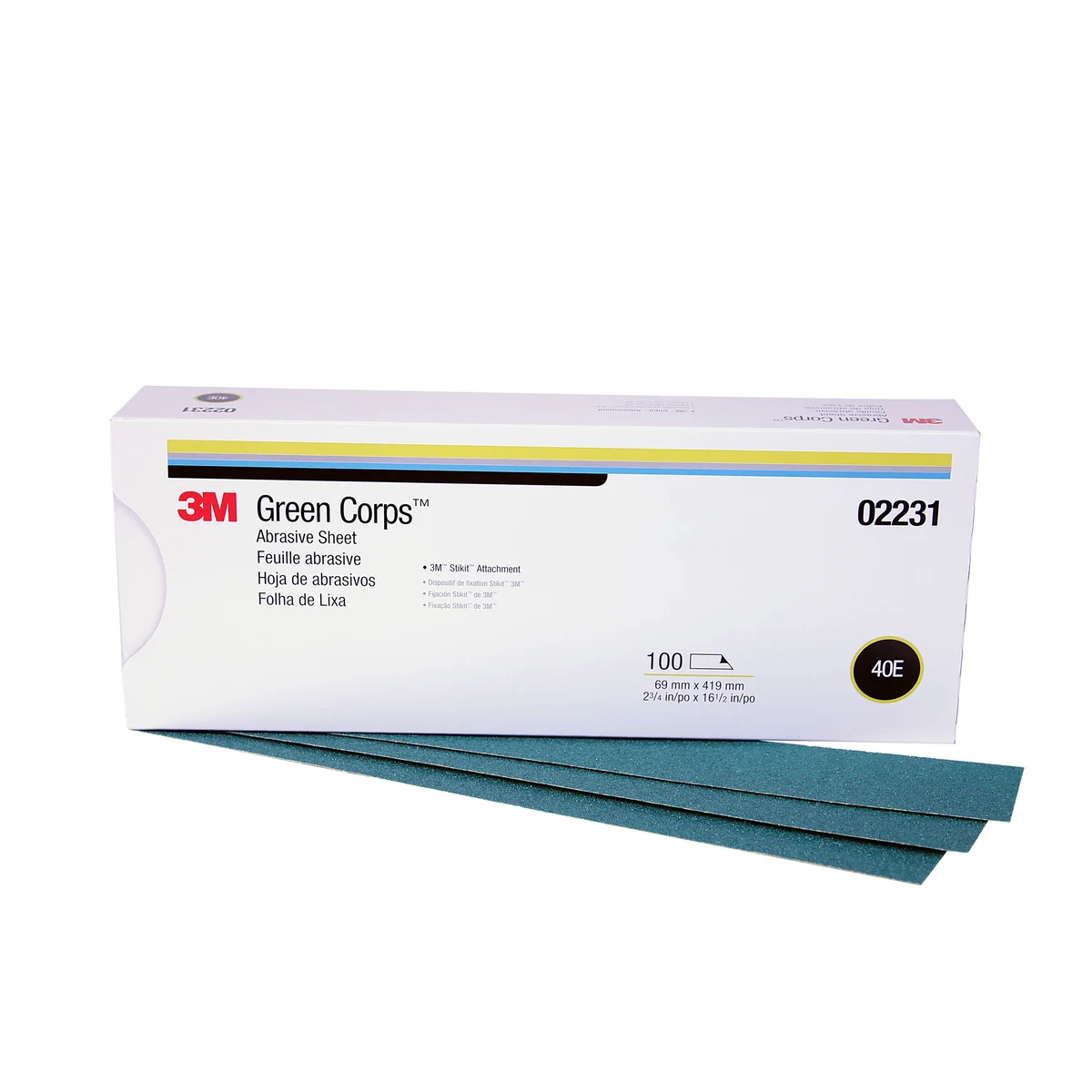 3M™ Green Corps™ Stikit™ Production™ Sheet, 02231, 40, 2-3/4 in x 16 1/2 in, 100 sheets per carton, 5 cartons per case