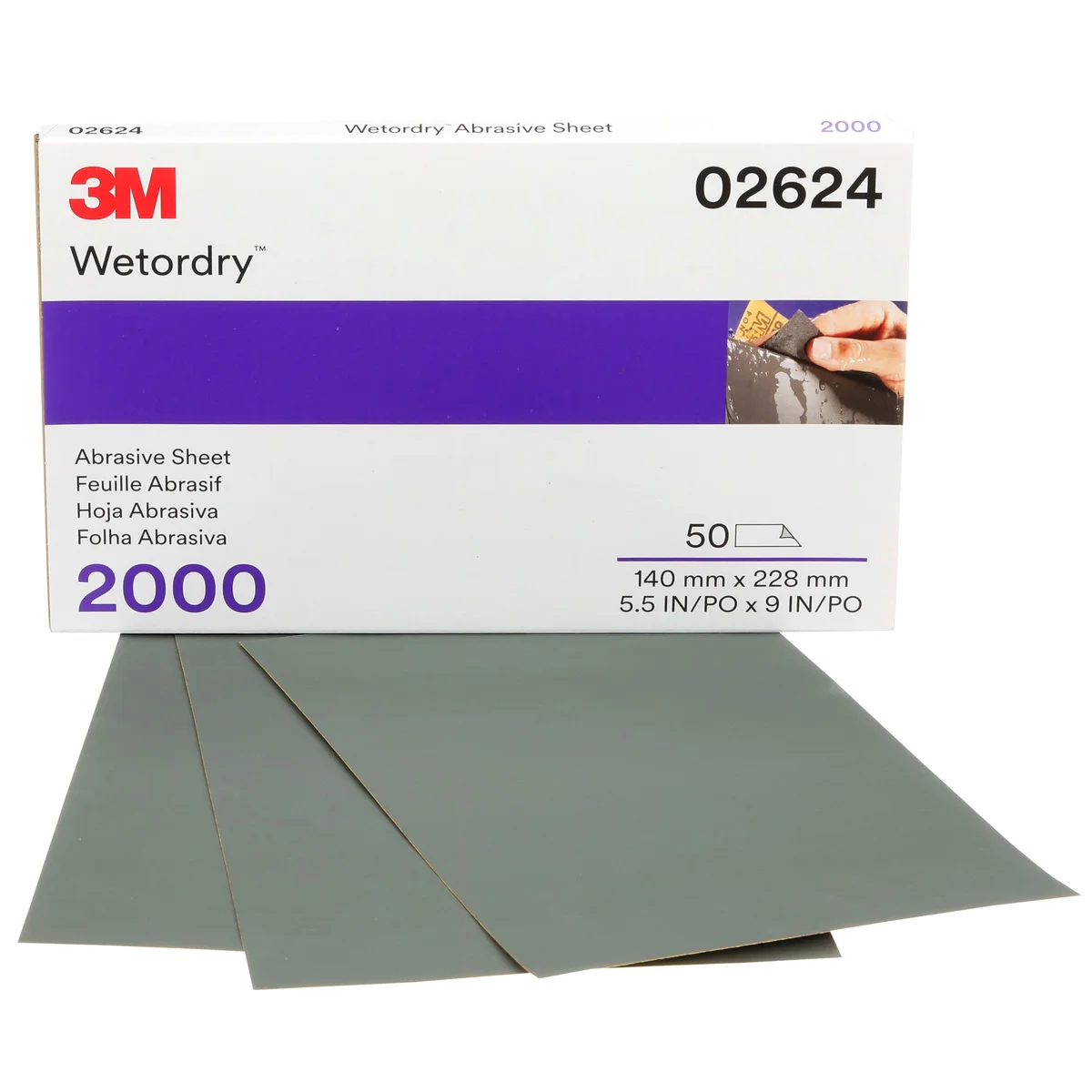 3M™ Wetordry™ Abrasive Sheet, 02624, 2000, heavy duty, 5 1/2 in x 9 in, 50 sheets per carton, 5 cartons per case
