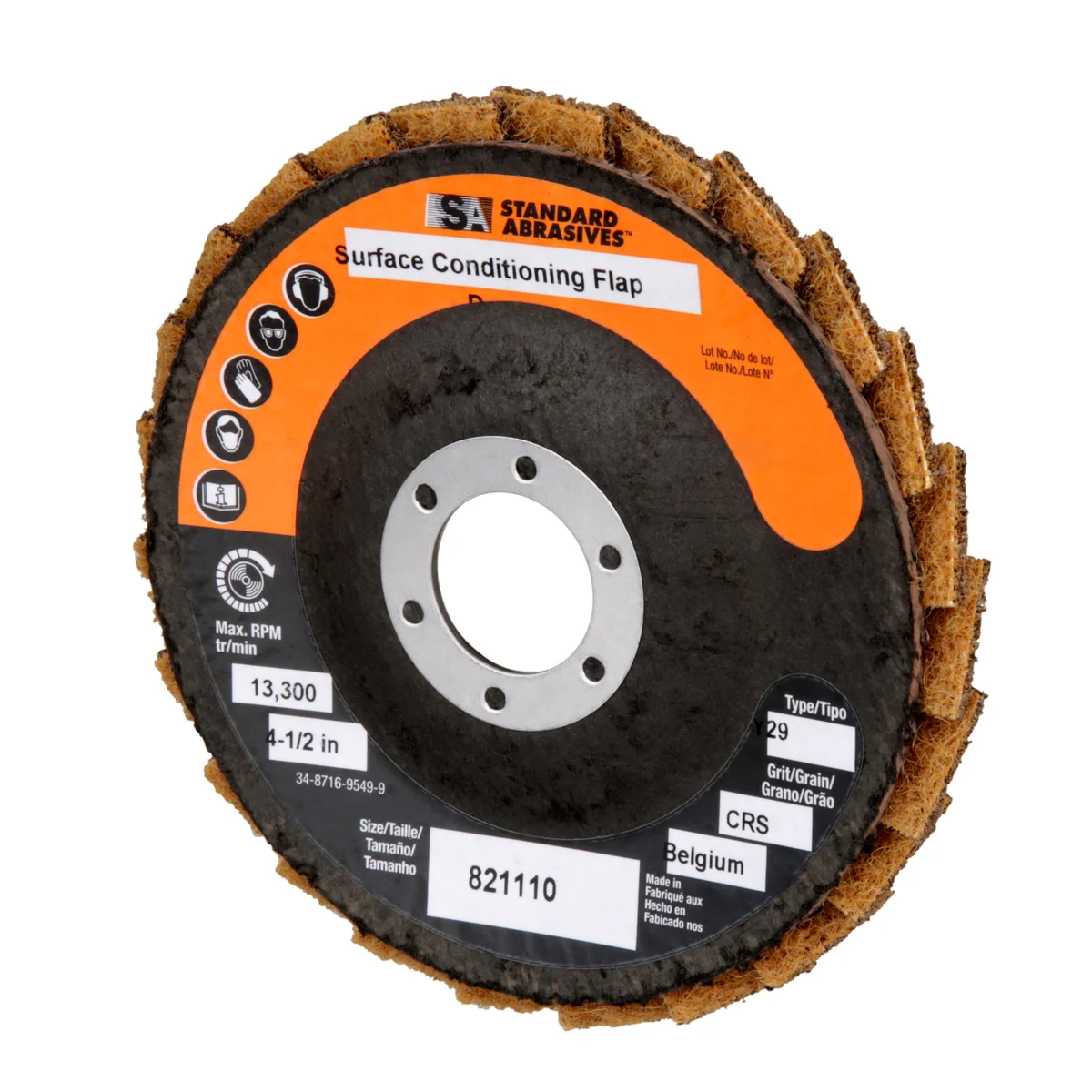 Standard Abrasives™ Surface Conditioning Flap Disc, 821110, 4-1/2 in x 7/8 in CRS, 5/Carton, 50 ea/Case