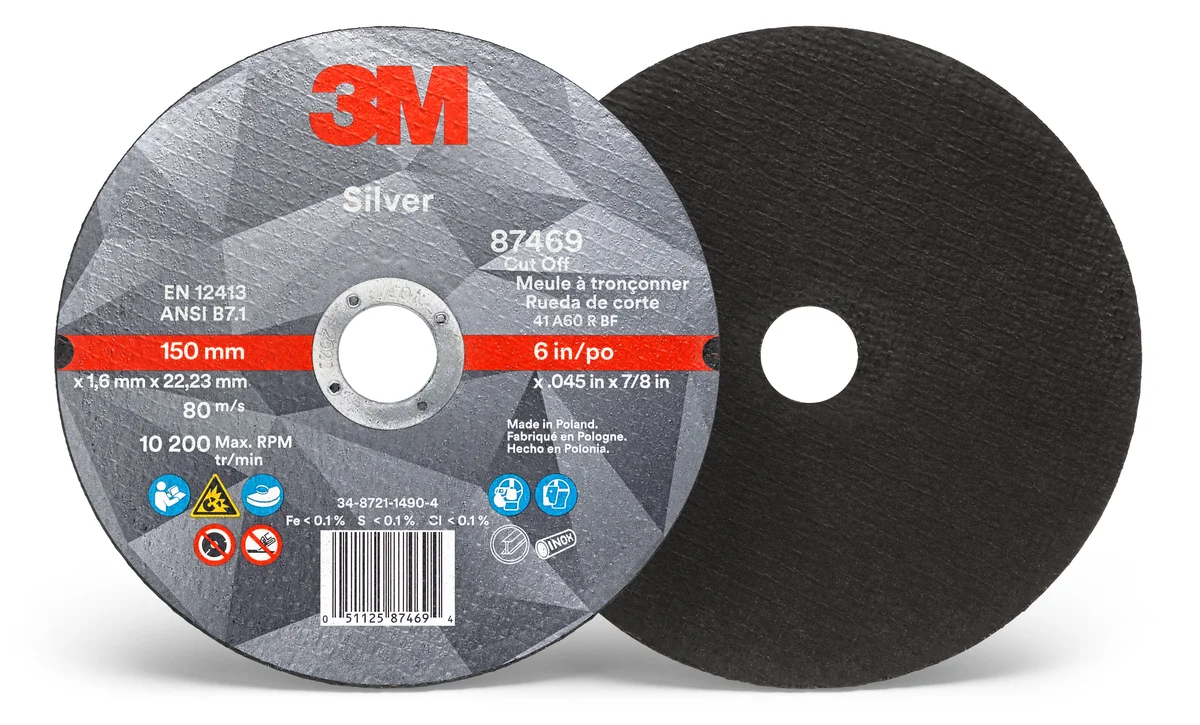 3M™ Silver Cut-Off Wheel, 87469, 36+, T1, 6 in x 0.045 in x 7/8 in, 25/Carton, 50 ea/Case