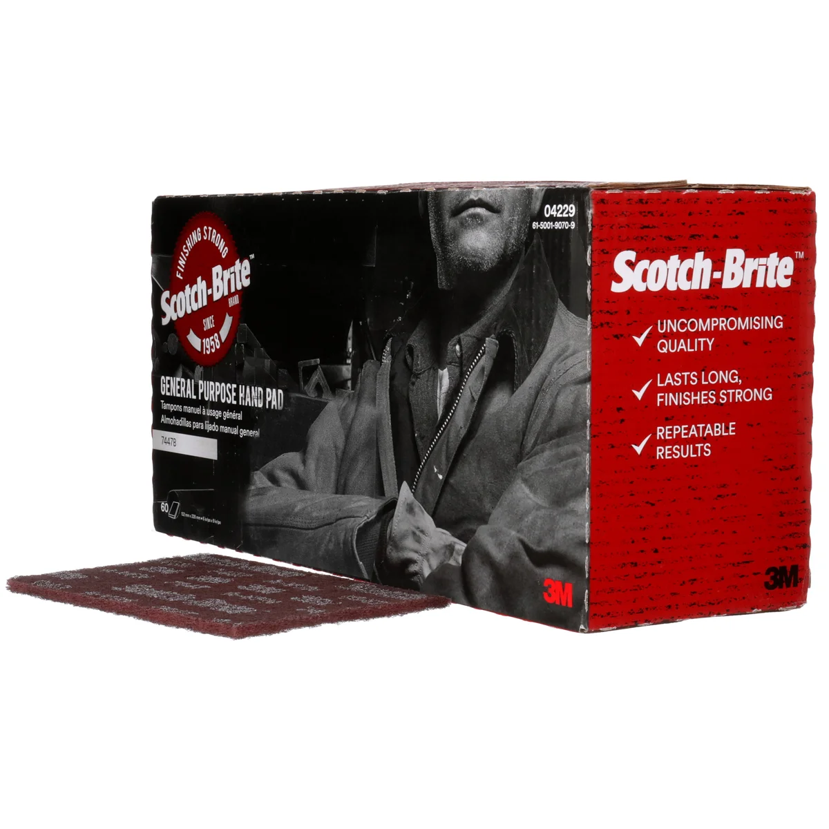 Scotch-Brite™ Hand Pad 7447B Pro, PO-HP, A/O Very Fine, Maroon, 6 in x 9 in, 60 ea/Case, Bulk