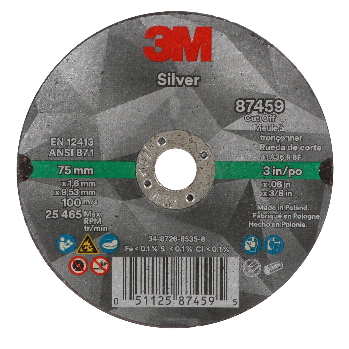3M™ Silver Cut-Off Wheel, 87459, 36+, T1, 3 in x 0.06 in x 3/8 in, 50 ea/Case