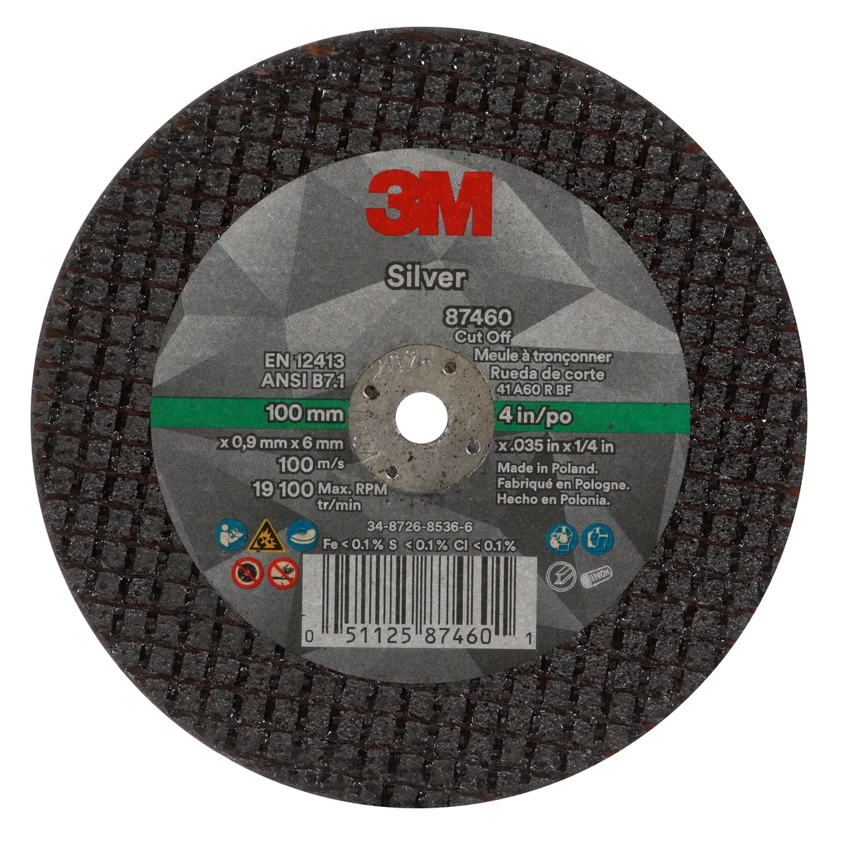 3M™ Silver Cut-Off Wheel, 87460, 60+, T1, 4 in x 0.035 in x 1/4 in, 50 ea/Case