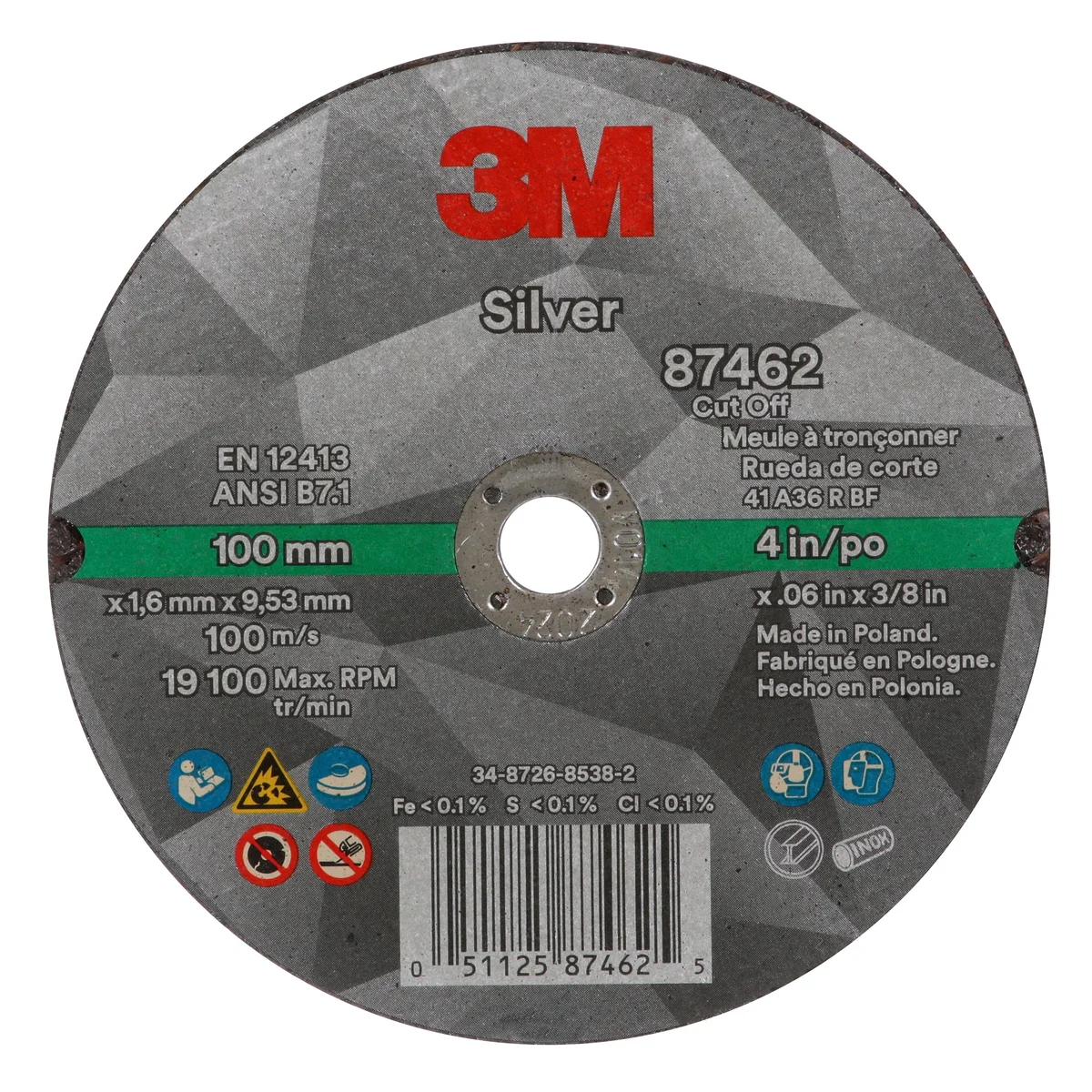 3M™ Silver Cut-Off Wheel, 87462, 36+, T1, 4 in x 0.06 in x 3/8 in, 50 ea/Case