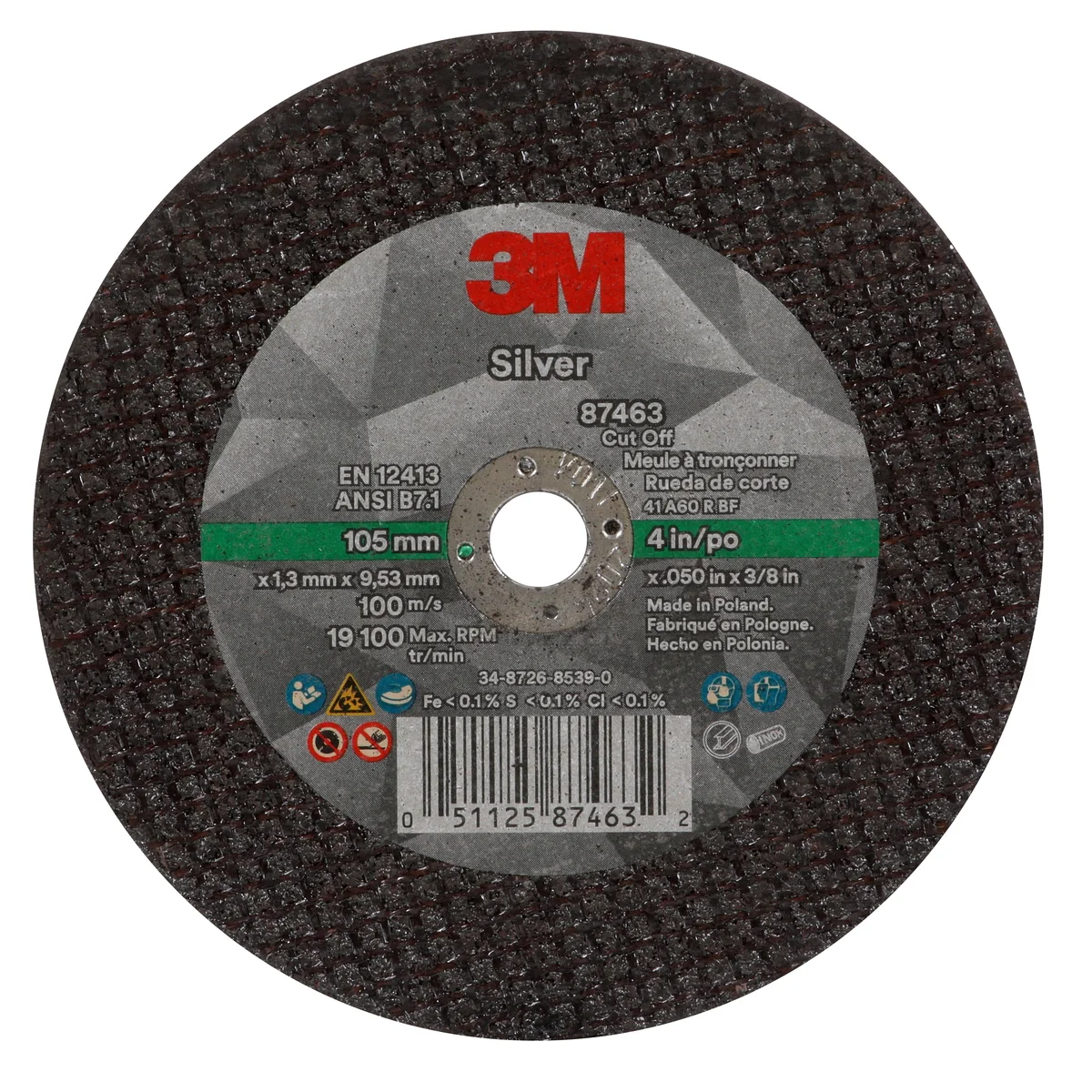 3M™ Silver Cut-Off Wheel, 87463, 36+, T1, 4 in x 0.05 in x 3/8 in, 50 ea/Case