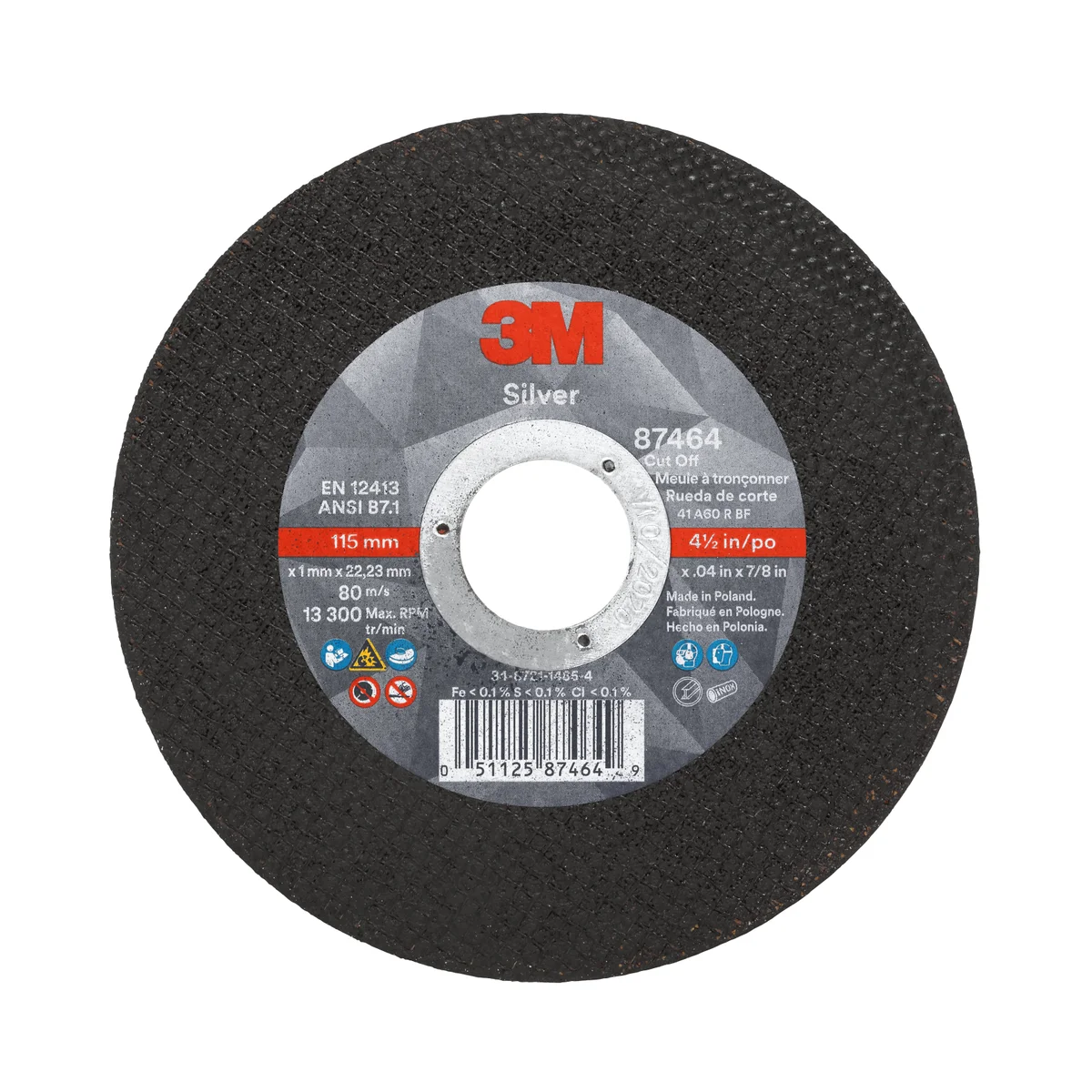 3M™ Silver Cut-Off Wheel, 87464, 60+, T1, 4.5 in x 0.04 in x 7/8 in, 50 ea/Case
