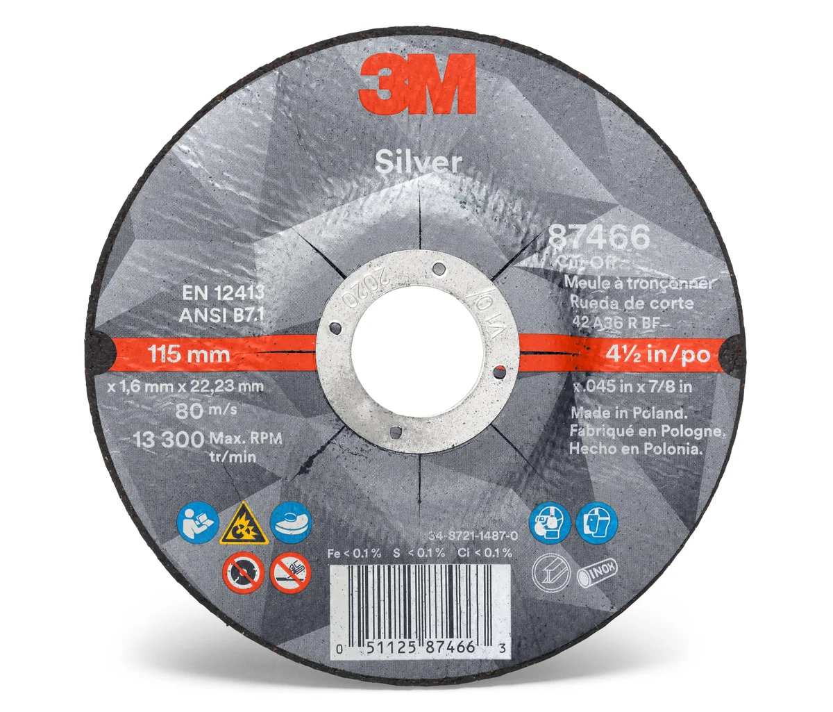 3M™ Silver Cut-Off Wheel, 87466, 36+, T27, 4.5 in x 0.045 in x 7/8 in, 50 ea/Case