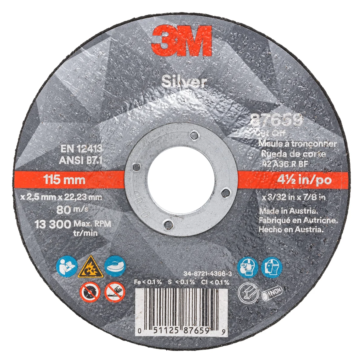 3M™ Silver Cut-Off Wheel, 87659, 36+, T27, 4.5 in x 3/32 in x 7/8 in, 50 ea/Case