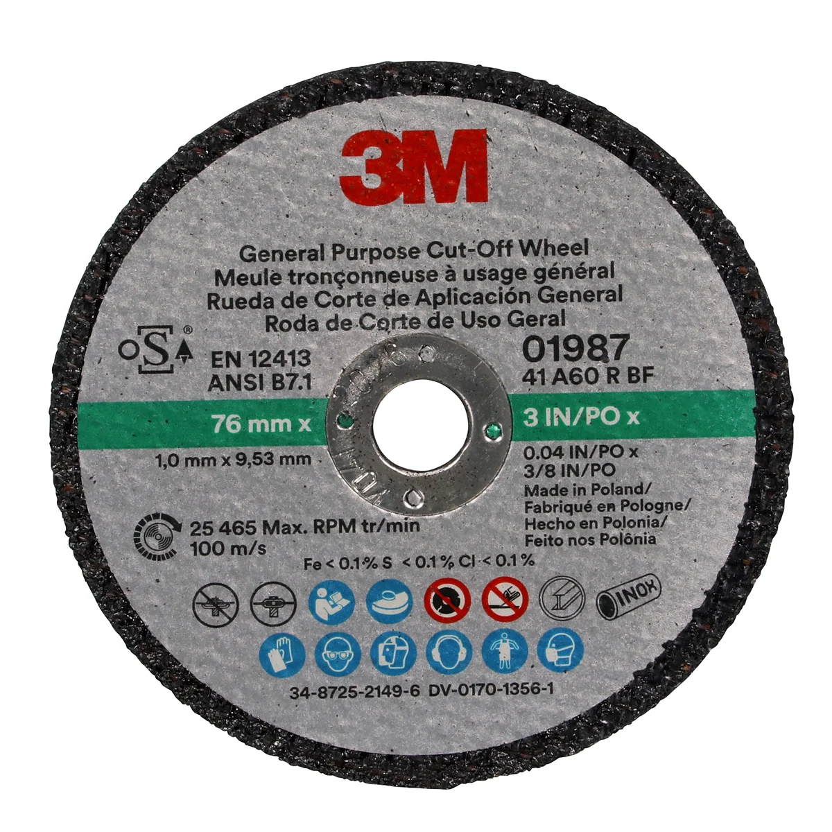 3M™ General Purpose Cut-Off Wheel 01987, 3 in x 0.04 in x 3/8 in, 50 Each/Case