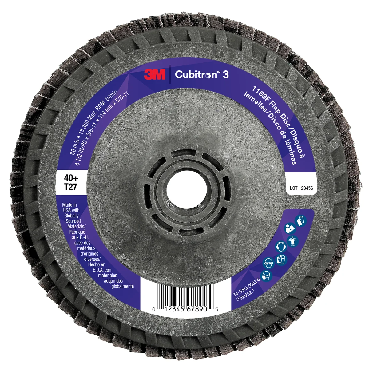 3M™ Cubitron™ 3 Flap Disc 1169F, 40+, T27-Flat Quick Change, 4-1/2 in x 5/8 in-11, 10 ea/Case