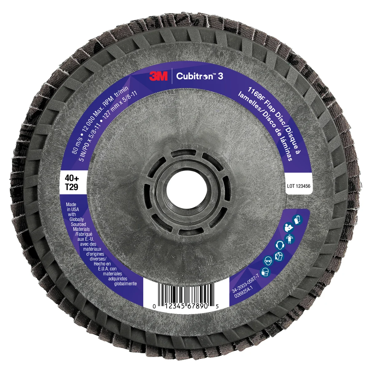 3M™ Cubitron™ 3 Flap Disc 1169F, 40+, T29-Conical Quick Change, 5 in x 5/8 in-11, 10 ea/Case