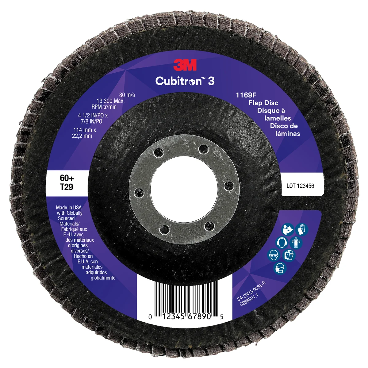 3M™ Cubitron™ 3 Flap Disc 1169F, 60+, T29-Conical, 4-1/2 in x 7/8 in, 10 ea/Case