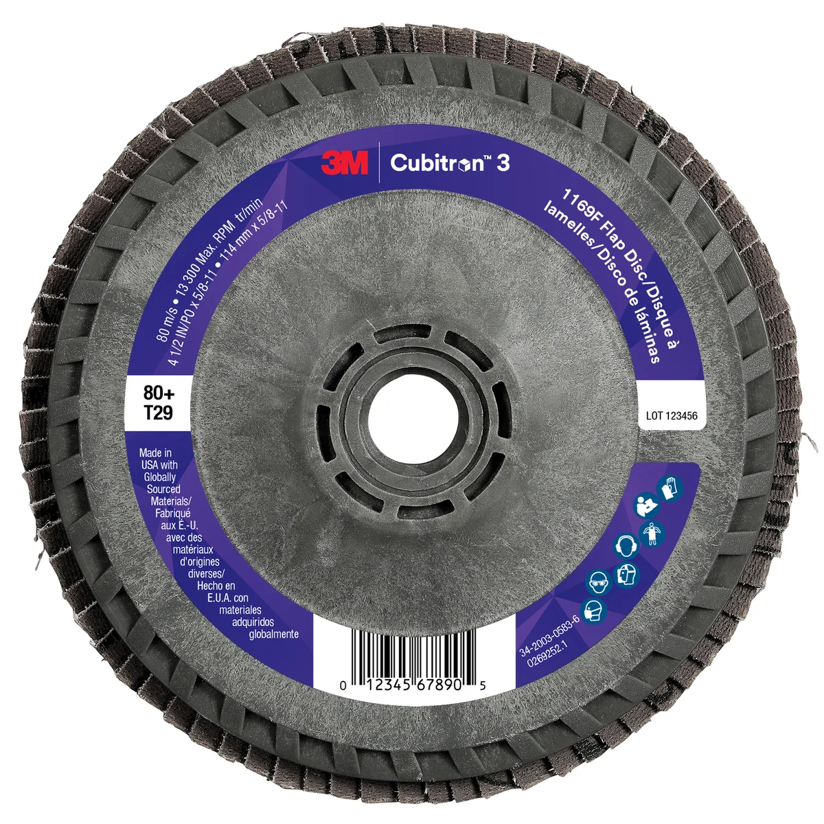 3M™ Cubitron™ 3 Flap Disc 1169F, 80+, T29-Conical Quick Change, 4-1/2 in x 5/8 in-11, 10 ea/Case