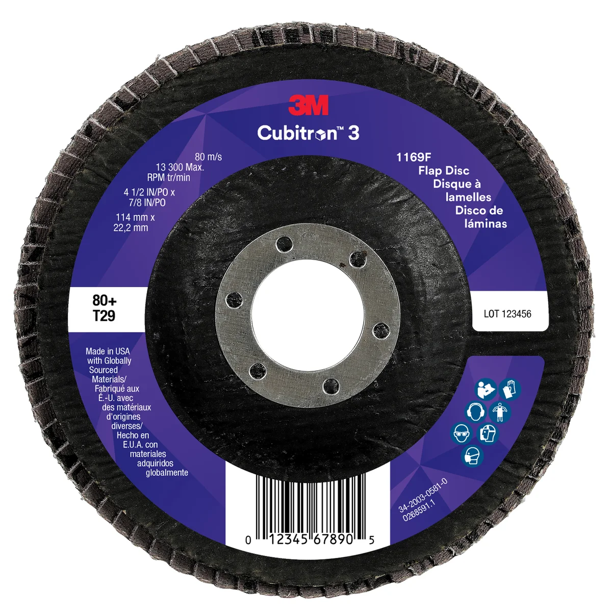 3M™ Cubitron™ 3 Flap Disc 1169F, 80+, T29-Conical, 4-1/2 in x 7/8 in, 10 ea/Case