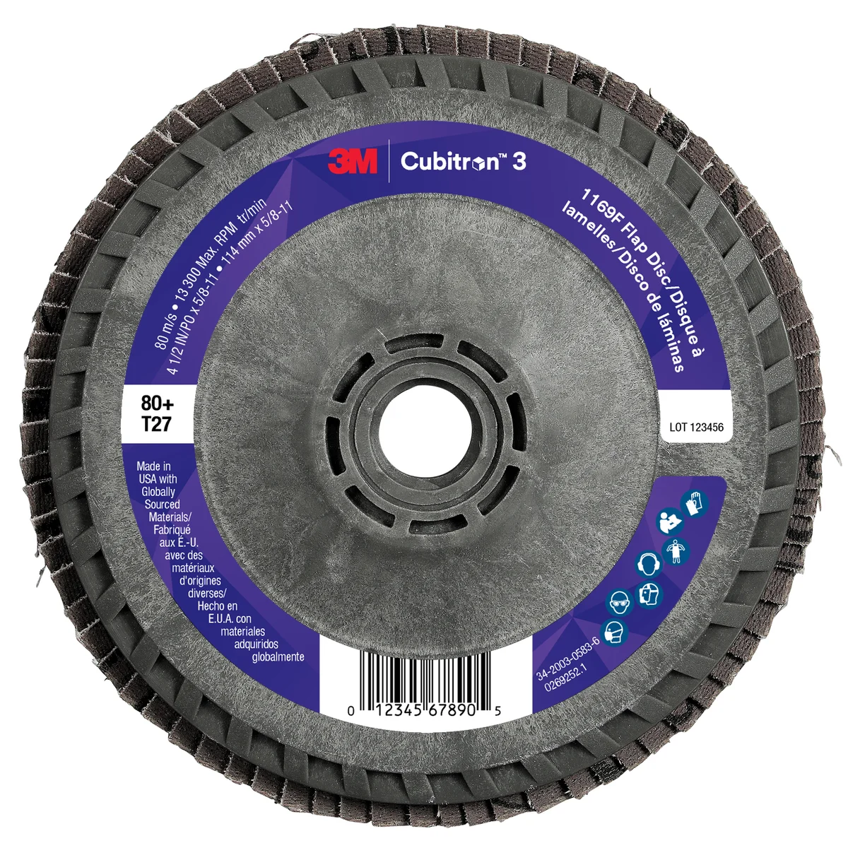 3M™ Cubitron™ 3 Flap Disc 1169F, 80+, T27-Flat Quick Change, 4-1/2 in x 5/8 in-11, 10 ea/Case