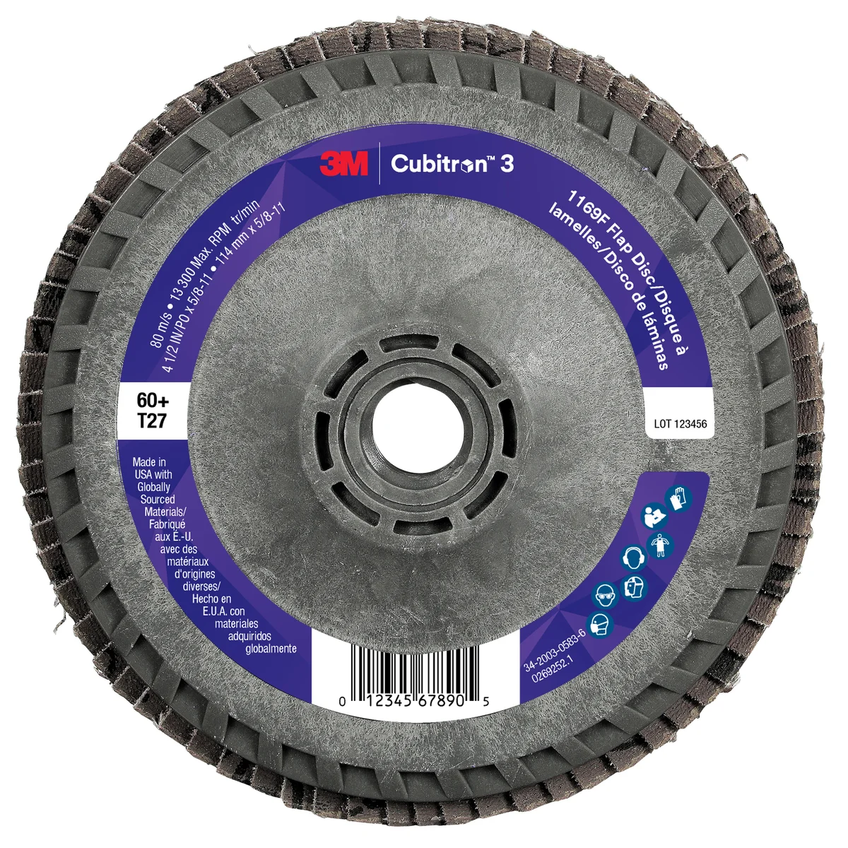 3M™ Cubitron™ 3 Flap Disc 1169F, 60+, T27-Flat Quick Change, 4-1/2 in x 5/8 in-11, 10 ea/Case