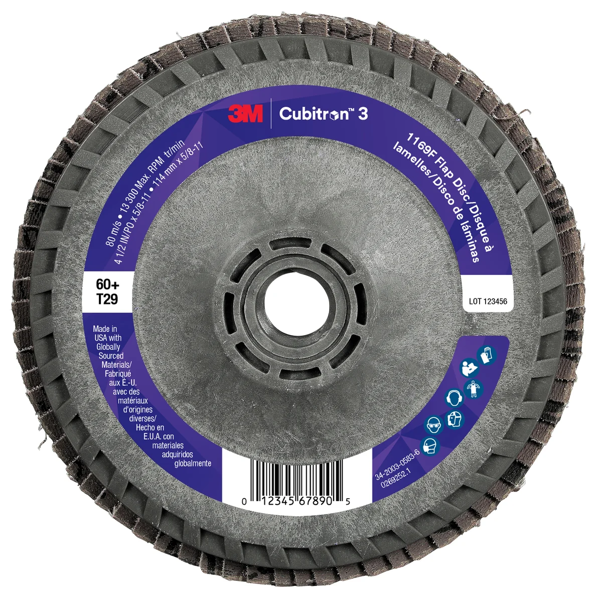 3M™ Cubitron™ 3 Flap Disc 1169F, 60+, T29-Conical Quick Change, 4-1/2 in x 5/8 in-11, 10 ea/Case