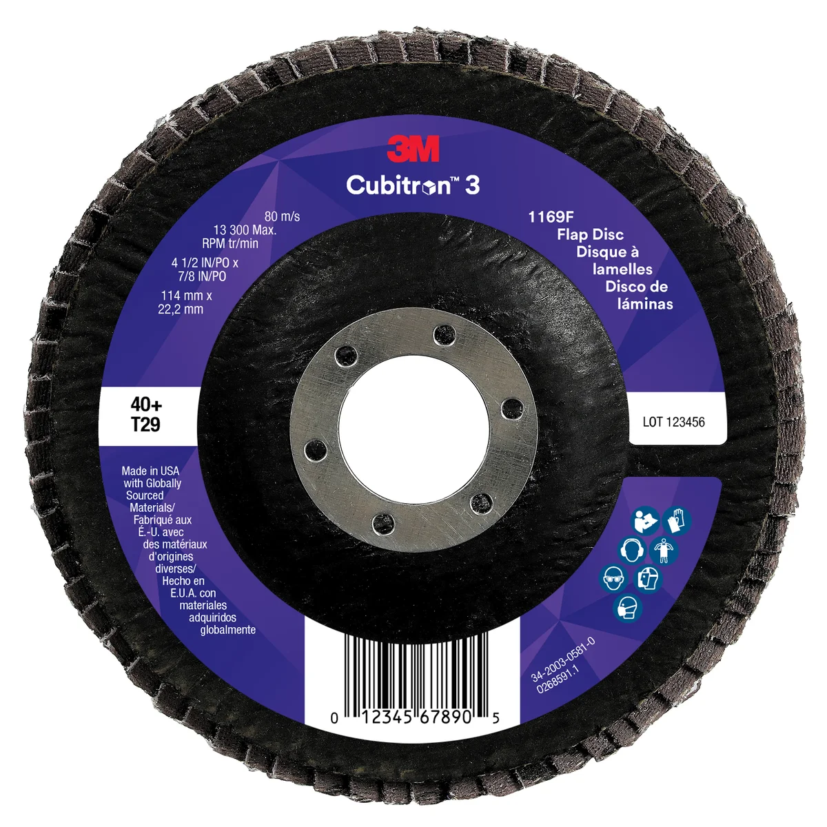 3M™ Cubitron™ 3 Flap Disc 1169F, 40+, T29-Conical, 4-1/2 in x 7/8 in, 10 ea/Case